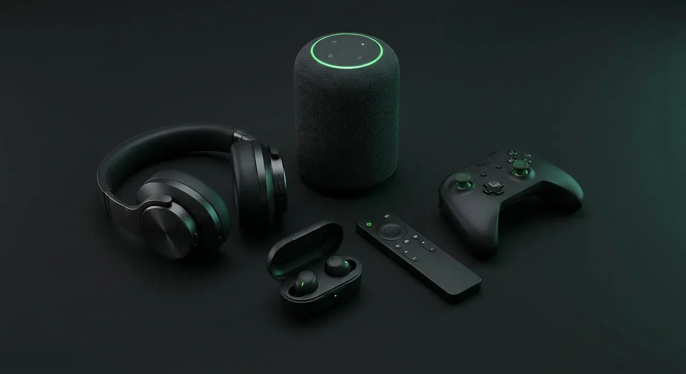 A range of audio hardware devices including headphones, smart speakers, and wearables