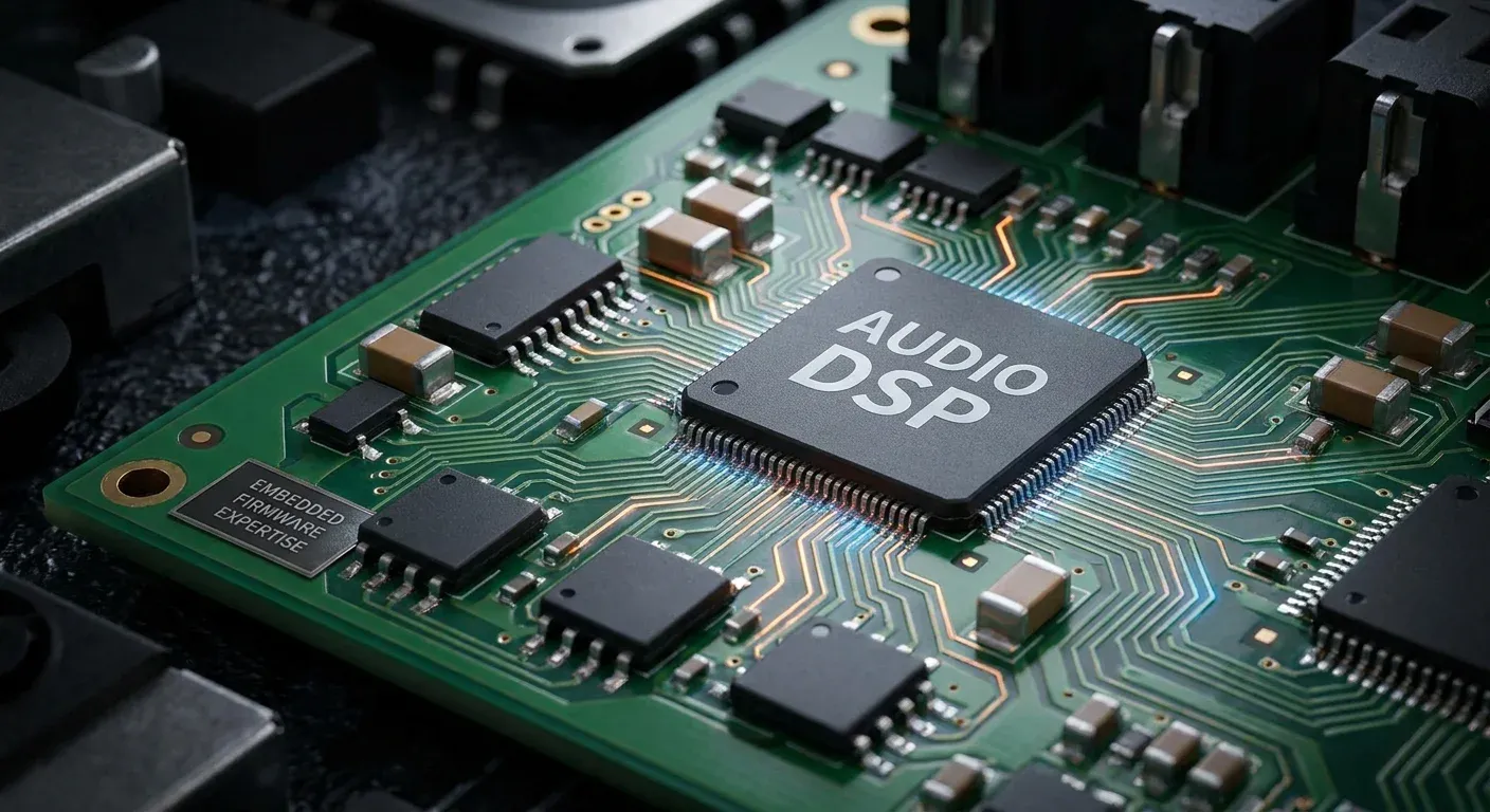 Close-up of audio DSP and SoC circuitry