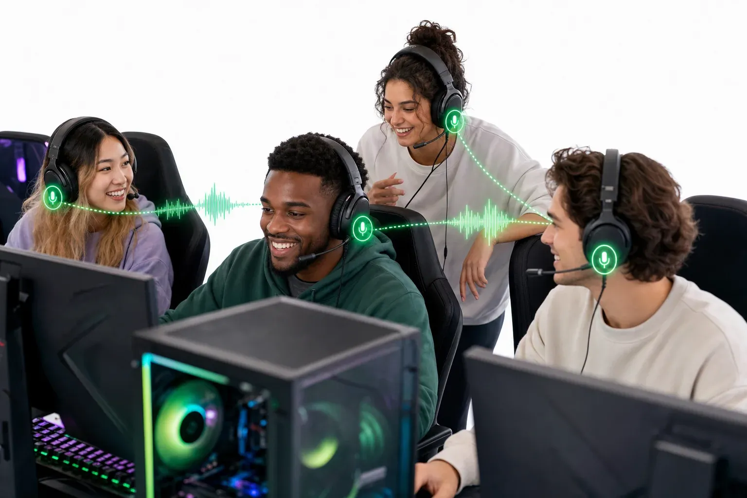 Diverse group of players enjoying a collaborative multiplayer gaming session with visible voice and audio connection indicators