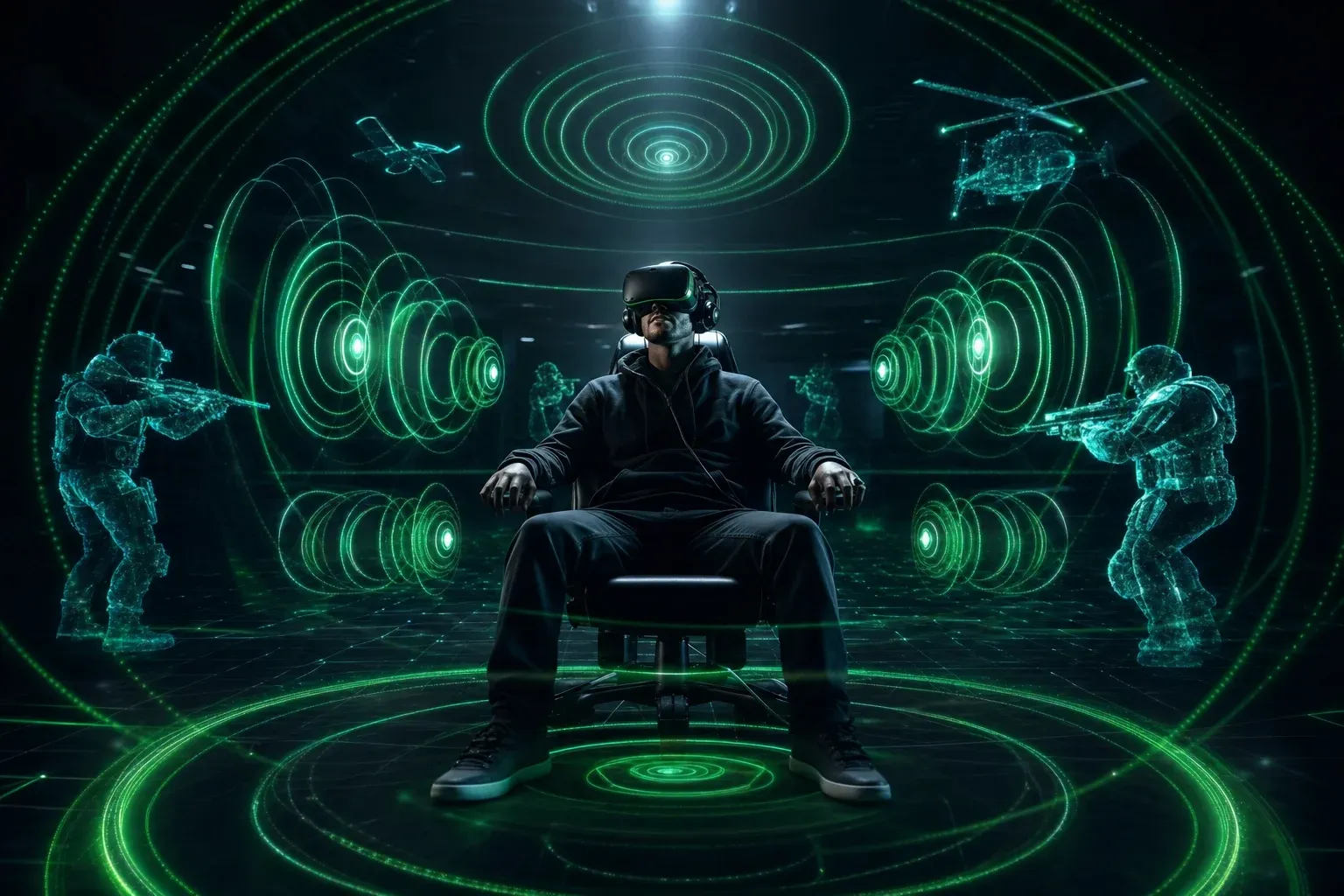 Futuristic gaming environment with 3D spatial audio visualization — glowing sound waves emanating in spherical patterns around a VR gamer in a dark metaverse environment