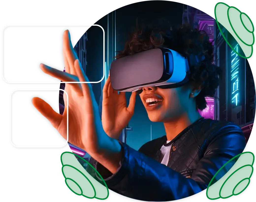Futuristic gaming environment with 3D spatial audio visualization — glowing sound waves emanating in spherical patterns around a VR gamer in a dark metaverse environment