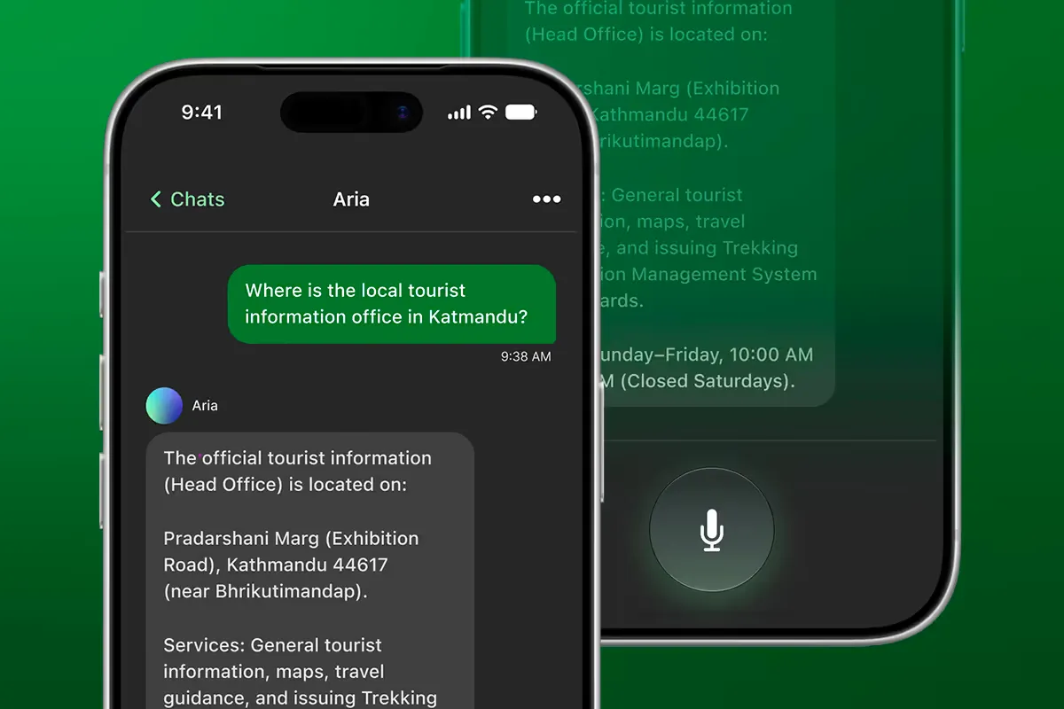 An iOS user infterface showing a conversation with an iOS (AI) travel assistant. Showcasing on-device voice agent.